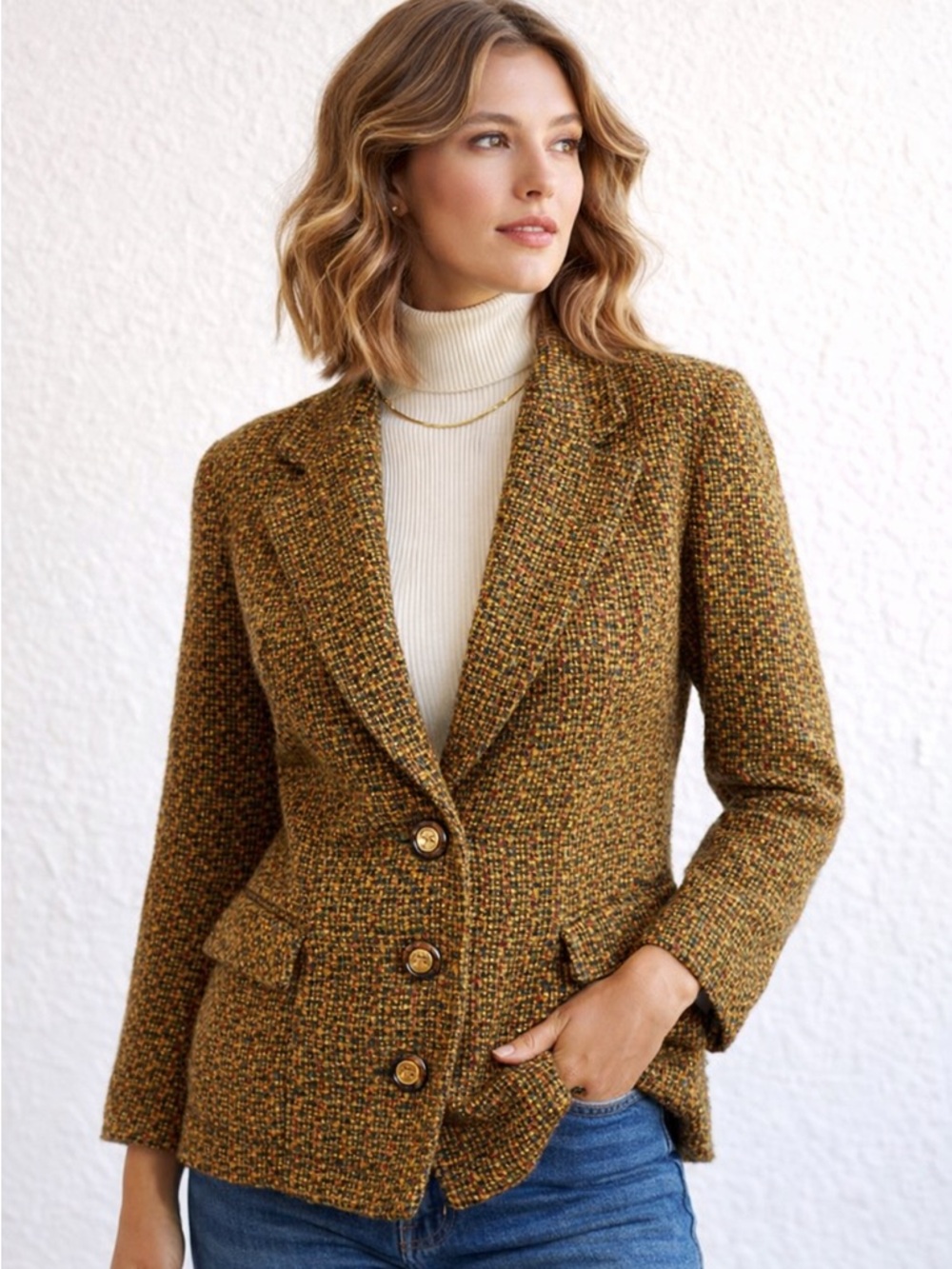 Vintage Dorothee Bis Tweed Blazer Textured Wool Blend Pockets Statement Buttons